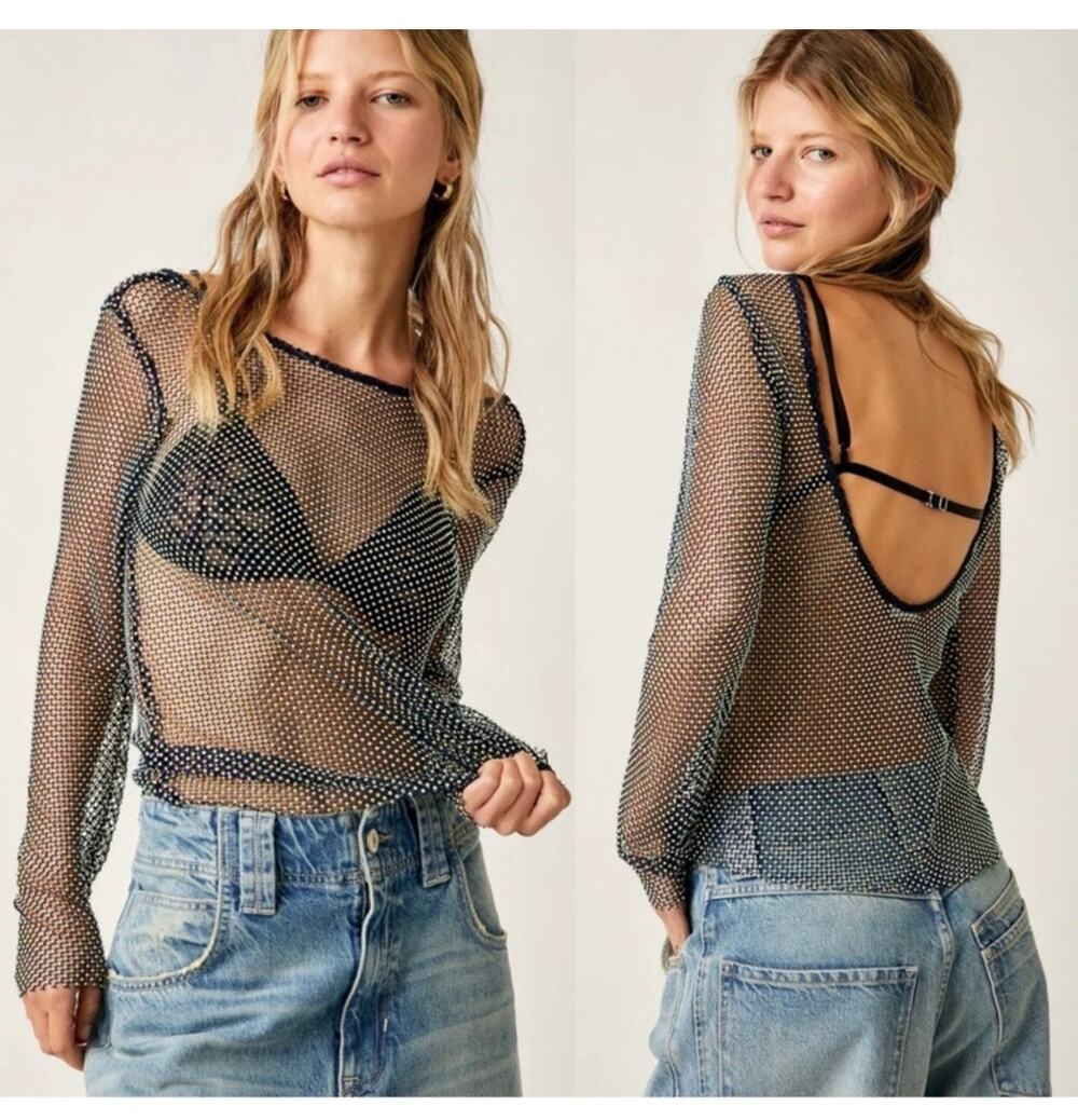 Free People Intimately Filter Finish Mesh Long Sleeve Top Women's M Indie Punk